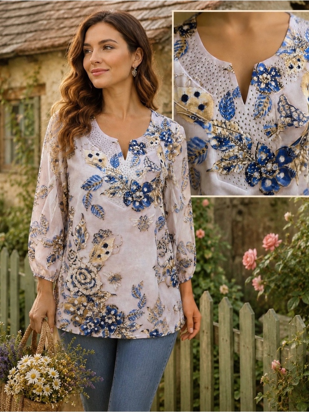 JM Collections blue floral print tunic top